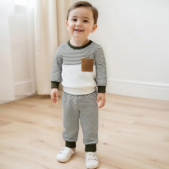 Toddler Baby Boy Fall Outfit Long Sleeve Crew Neck Contrast Color Sweatshirt Top Pant Cute Newborn Infant Waffle Clothes