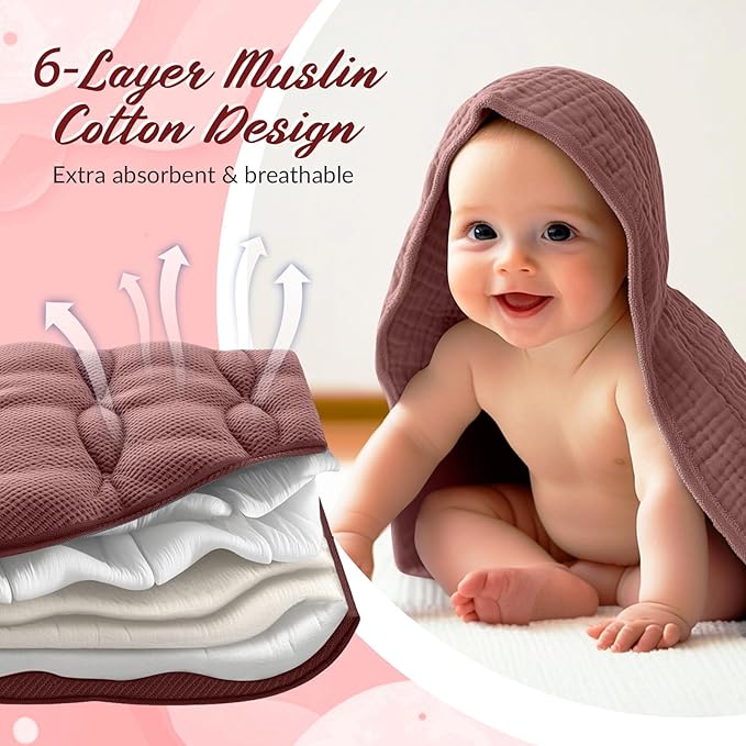 6 Pcs Muslin Hooded Bath Towels Washcloths and Bibs Set, Muslin Cotton Baby Towels Absorbent Hooded Blanket Towel Infant Bibs for Boys Girls Newborn Infant Essential (Dusty Rose, Deep Rose)