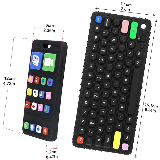 Teether Toys, Teething Relief Teethers Toys for Babies 3-6 12 Months, Play Phone Remote Control Keyboard Toy for Newborn Infant Boy Girl Autism Essentials, Food Grade Silicone Sensory Toy
