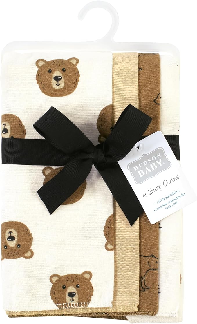 Hudson Baby Cotton Poly Flannel Burp Cloths Multipack, Brown Bear 8-Pack, One Size