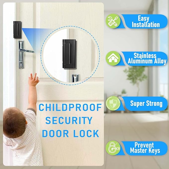 5Pack Home Security Door Reinforcement Lock, Childproof Safety Door Lock Latch Inside Stopper, Add High Security to Prevent Home Unauthorized Entry, Aluminum Construction Finish Black