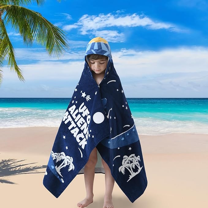 VOOVA & MOVAS Toddler Bath Towel with Hood for Kids Age 3-8, 30''X50, Soft | Thick | Absorbent Cotton Wrap Blanket, Beach, Pool, Swim | Bath Use, Dinosaur Under The UFO