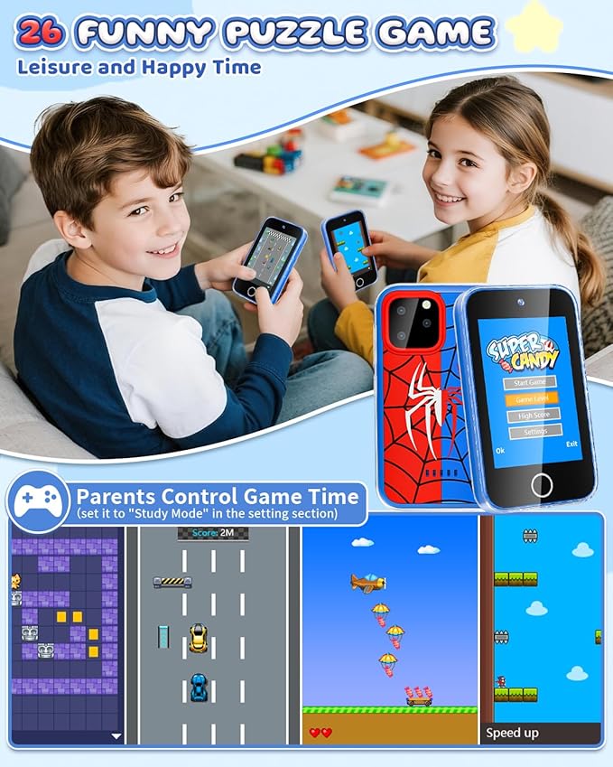 Kids Phone 3.5" Touchscreen, Pretend Smartphone with Dual Camera, Spider Toy Phone for Boys 3-8, Learning ABC & Habit Tracker, Birthday