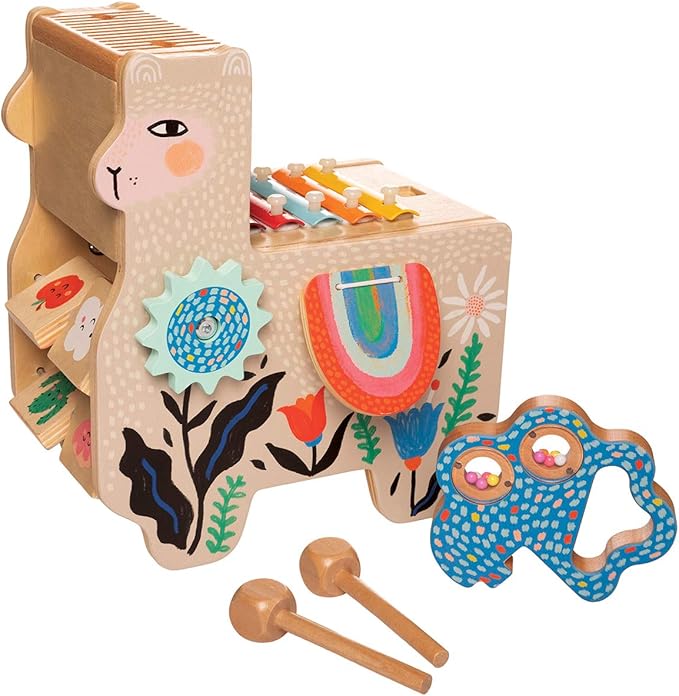 Manhattan Toy Musical Llama Wooden Instrument for Toddlers with Maraca, Clacking Saddlebags, Drumsticks, Washboard & Xylophone