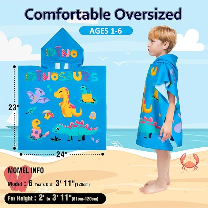 Hooded Kids Beach Towels - Toddler Bath Towel Girls Boys Swim Cover-ups for Ages 1 to 6 Kids Pool Towels Quick Dry Lightweight Soft Microfiber Poncho Towel 24x23 (Dinosaur Sky Blue)