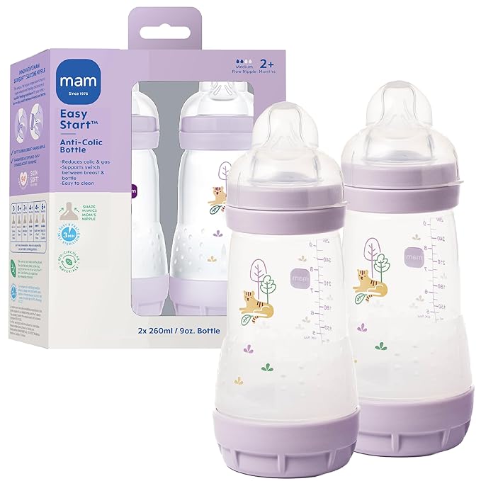 MAM 9oz Easy Start Anti-Colic Wide Neck Vented Baby Bottle, Medium Flow Breastfeeding-Like Nipple, Reduces Colic Gas & Reflux, Easy to Clean, BPA Free, 2+ Months, Made in Europe, 2 Pk, Purple