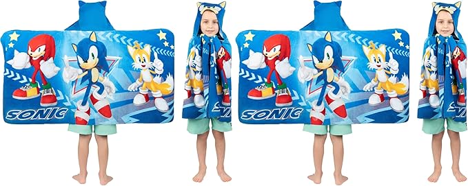 Franco Sonic The Hedgehog,Anime,Bath/Pool/Beach Soft Cotton Terry Hooded Towel Wrap,24 in x 50 in Kids,(Pack of 2)