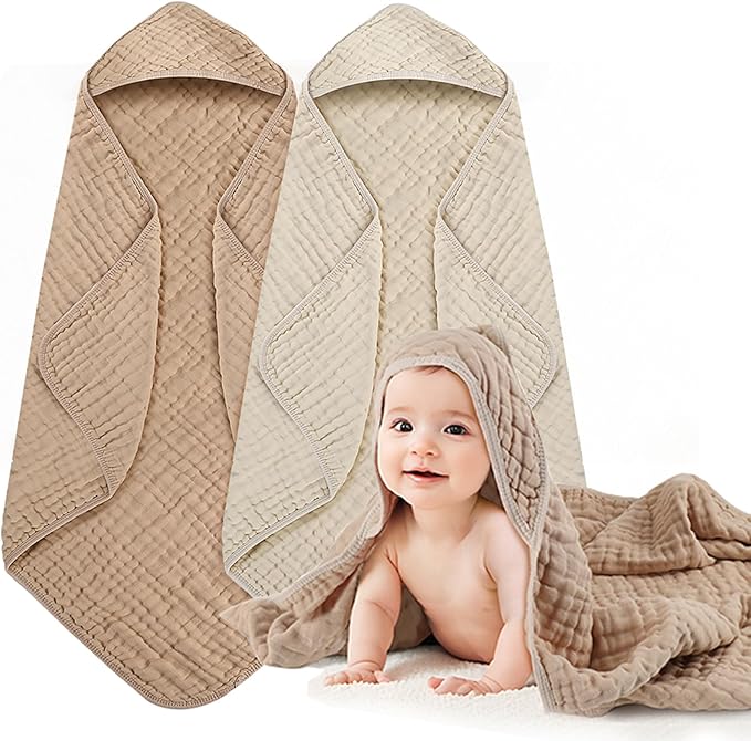 Hooded Baby Bath Towels for Newborn, 2 Pack - 6-Layer 100% Muslin Cotton, Soft Absorbent Hooded Towel with Hood for Babies, Infants & Toddlers, Large 32x32 Inch Unisex Newborn Baby Bath Essentials