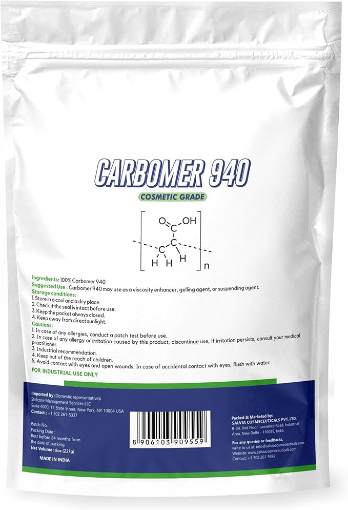 Carbomer 940 Powder (227 g / 8 oz) - Cosmetic Grade Thickening & Gelling Agent for DIY Serums Gels Creams & Lotions