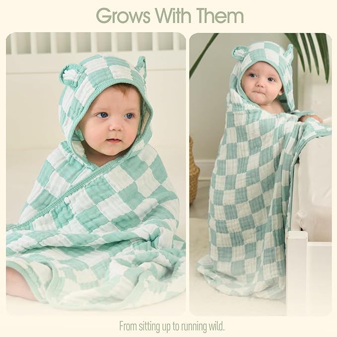 Ultra-Soft Muslin Toddler Hooded Towel - 55 x 28 Inches, Ideal for Bath & Beach, Suitable for Both Boys & Girls from Newborns to Toddlers Green Check