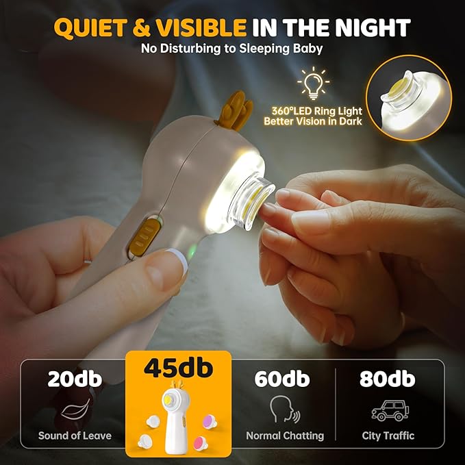 Baby Electric Nail File with Clipper, 5-in-1 Baby Nail Trimmer with LED Light, Rechargeable Nail Clippers for Infant Toddler Kid Adult, Low Noise, Includes 5 File Pads, Yellow Deer