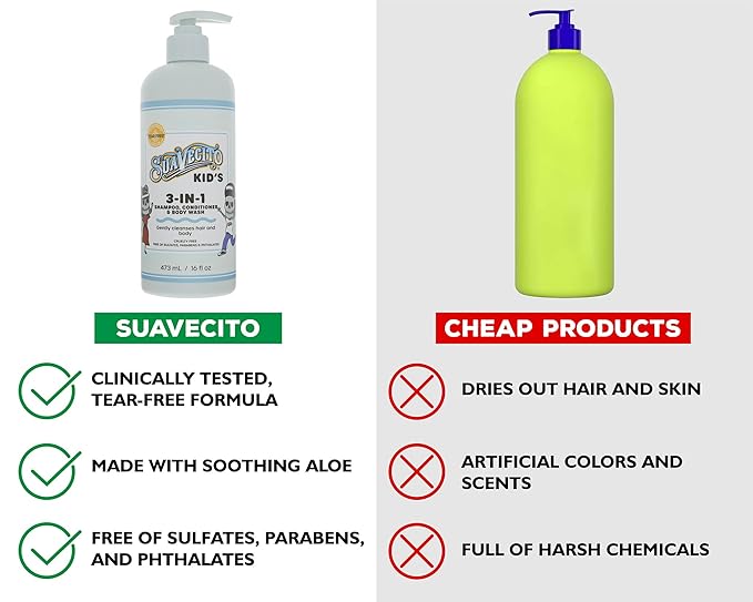 Suavecito Kid's 3-in-1 Shampoo, Conditioner, & Body Wash Milk & Honey Scent 16 oz Pump Bottle - Clinically Tested Cruelty Free Formula Free of Sulfate, Parabens, & Phthalates Ensuring No Tears