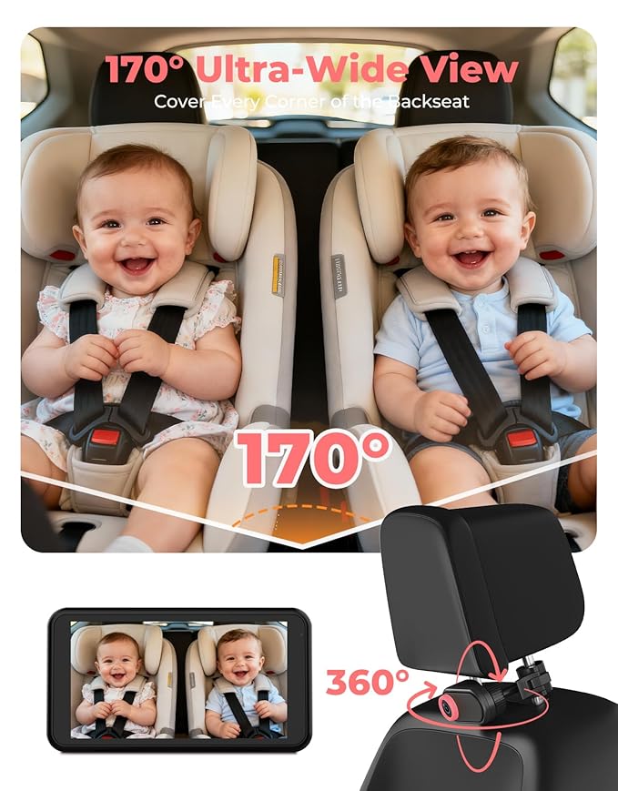 LUKVIEW BM2A Car Camera Baby Monitor, 5.2" 1080P HD Screen with 3X Zoom & IR Night Vision, Baby Car Camera for Rear Facing Seats, Easy Install for Girls, Parents and Pet Lovers