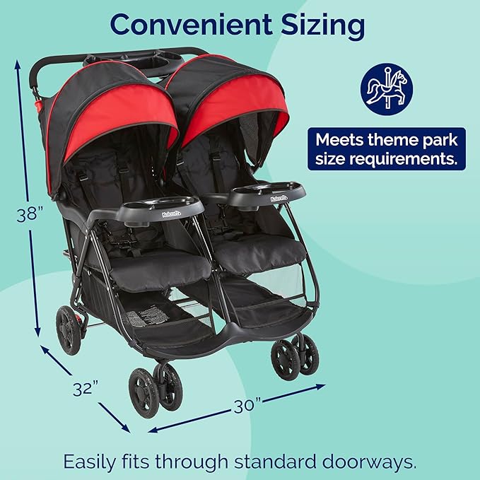 Kolcraft Cloud Plus Lightweight Double Stroller Side-by-Side for Infant Toddler, Compact Folding Travel System with Reclining Seats, Canopies, Storage Basket, Trays, Easy Maneuver – Red Black