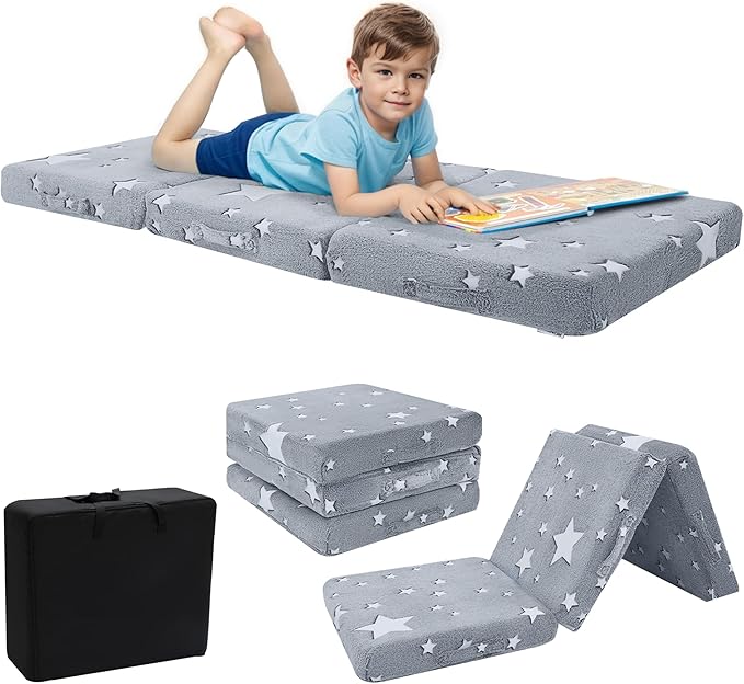 MeMoreCool Foldable Floor Mattress for Kids, Glow Star Trifold Mat, Kids Folding Mattress Portable Futon, 75x25 Inch Grey