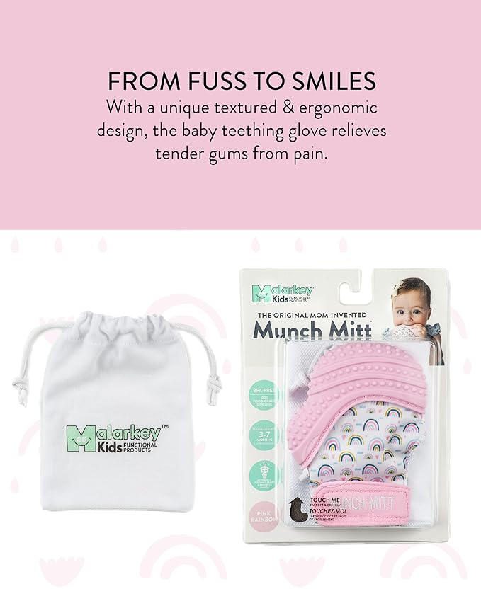 Malarkey Kids Patented Teething Mitten, Munch Mitt Baby Chew Toy - Protects Hands from Chewing & Saliva, Heals Aching Gums, Promotes Sound & Visual Stimulation for Babies - Pink Rainbow