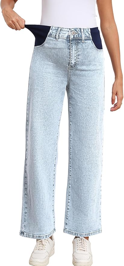 BLENCOT Maternity Jeans for Women High Waist Straight Leg Pregnancy Denim Pants with Pockets