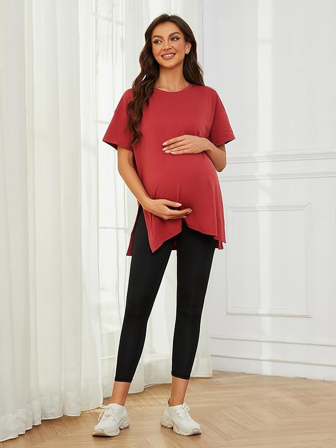 Ecavus Women's Casual Maternity Shirts Split Side Pregnancy Tops Blouses Short Sleeve Loose Fit Maternity Clothes