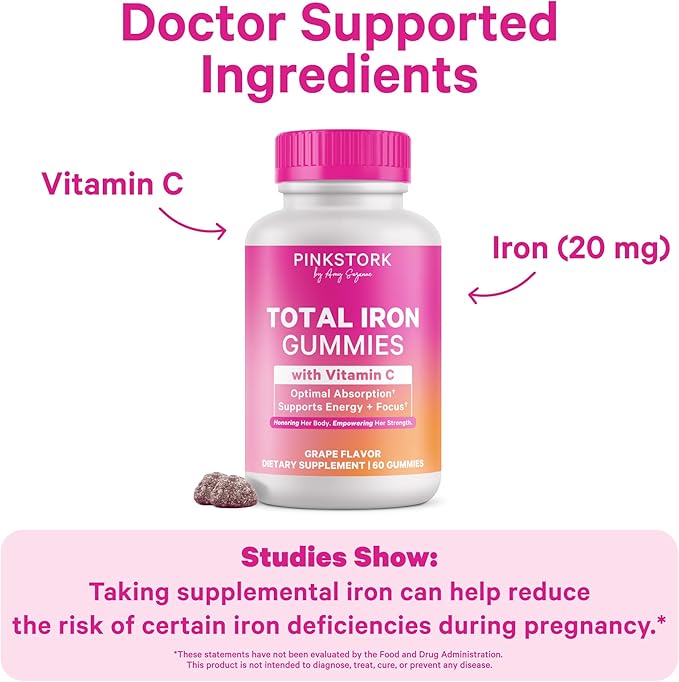 Pink Stork Prenatal Iron Supplement Gummies for Women - 20 mg with Vitamin C - Grape Chewable for Deficiency, Energy, & Blood Builder - 60 Gummy Chews
