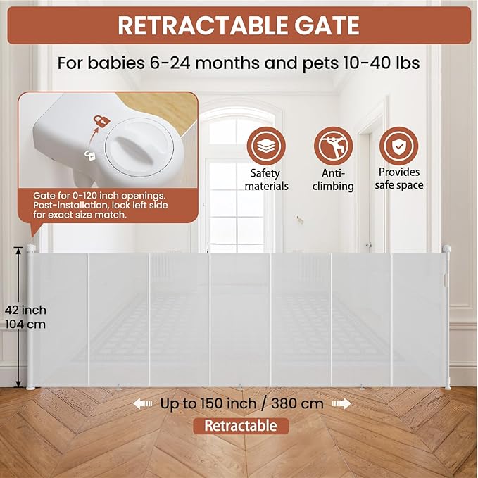Upgrade Retractable Baby Gates Extra Wide(150" W x 42" H), 150 inch Reinforced Retractable Dog Gate to Prevent Crawling Through, Retractable Gate Outdoor/Indoor, Real One-Handed Operation, White