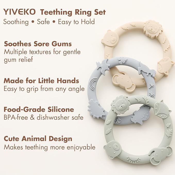 Silicone Teethers for Babies 0-6 6-12 Months Teething Toys for Infants Baby Chew Toys for Sucking Needs Baby Teething Rings for Infant Boys and Girls 3 Pack-Dinosaur-Blue