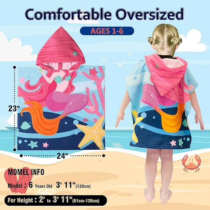 Hooded Kids Beach Towels - Toddler Bath Towel Girls Boys Swim Cover-ups for Ages 1 to 6 Kids Pool Towels Quick Dry Lightweight Soft Microfiber Poncho Towel 24x24 (Mermaid Starfish)