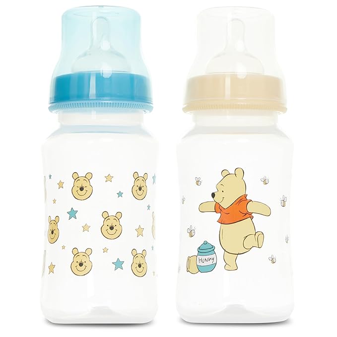 Disney Baby Bottles and Pacifiers Set – 2 Hourglass-Shaped 11oz Bottles + 2 Orthodontic Pacifiers – Officially Licensed Mickey, Minnie, Pooh & Dumbo Designs – BPA-Free Feeding Gift Set