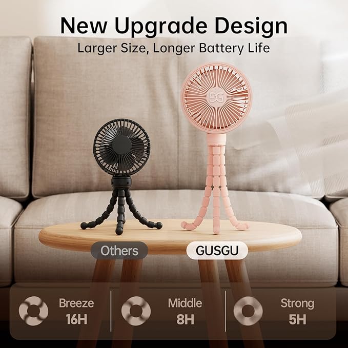 GUSGU Stroller Fan Clip on for Baby, Flexible Tripod & Rechargeable Battery, Small Personal Fan, Mini Portable Fan for Travel, Handheld, Car (Pink)