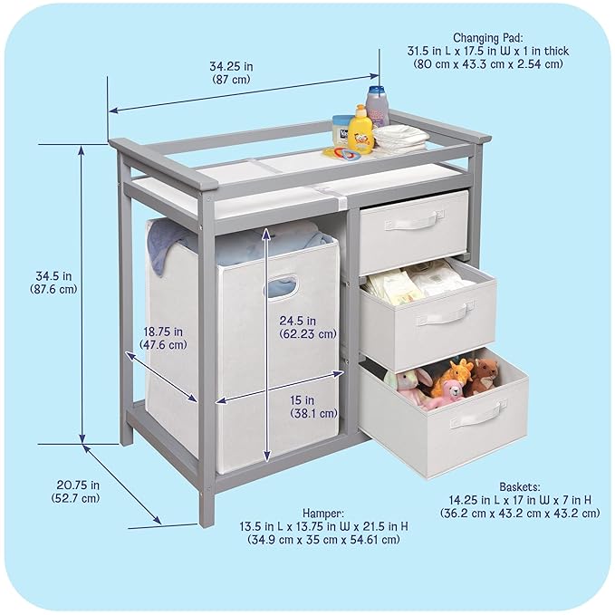 Badger Basket Modern Baby Changing Table - Nursery Furniture with Laundry Hamper and 3 Storage Drawers - Diaper Changing Station with Safety Belt, Changing Pad, and Organizer Baskets - Gray and White