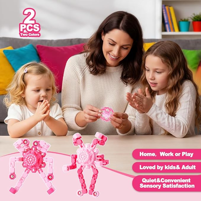 2 PCS Transformable Fidget Spinners for Kids, Valentine's Day Gifts for Classroom Exchange, Party Favors, Sensory Stress Relief Toy for Girls & Boys,Pink Deformable Mechanical Chain Robot Toy