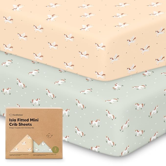 Pack and Play Sheets Fitted - 2-Pack Mini Crib Sheets for Pack N Play Mattress 38x26, Soft & Cozy, Neutral Toddler Playard Bedding, Snug Fitted Mini Baby Crib Mattress Cover Boy, Girl (Lune Mystic)