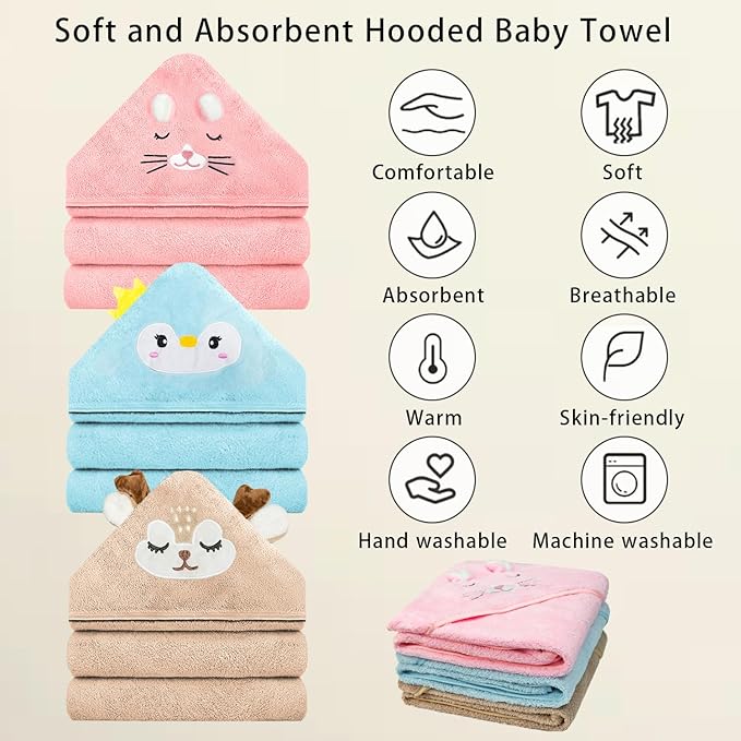12 PCS Hooded Baby Towel Set, 32x32 Inch Absorbent Baby Bath Towels, 3 PCS Soft Hooded Towels & 9 PCS Washcloths, Ideal for Newborns, Toddlers, and Babies – Baby Bath Essentials (Pink + Brown + Blue)
