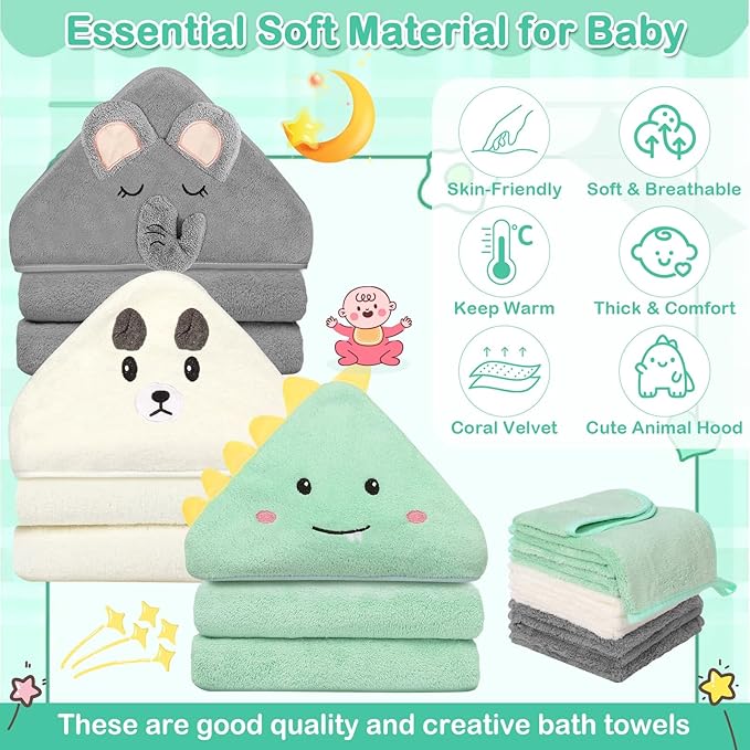 12 Pcs Baby Towels and Washcloths Set, Hooded Baby Towel, Soft and Absorbent Baby Bath Towels, 3 PCS Cute 32x32 in Baby Towel with Hood and 9 Pcs Baby Washcloths for Boys and Girls