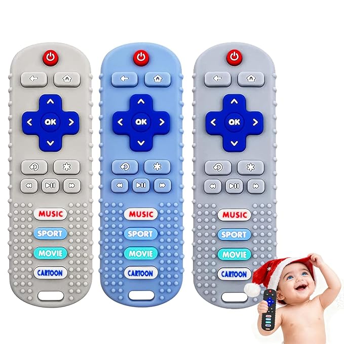3pack Silicone Baby Teething Toy - Baby Chew Toy for Teething Relief, Toddler Sensory & Baby Remote Toy, Food-Grade Safe for 3-24 Months, Valentine's Birthday Gift(Beige&Blue&Gray)
