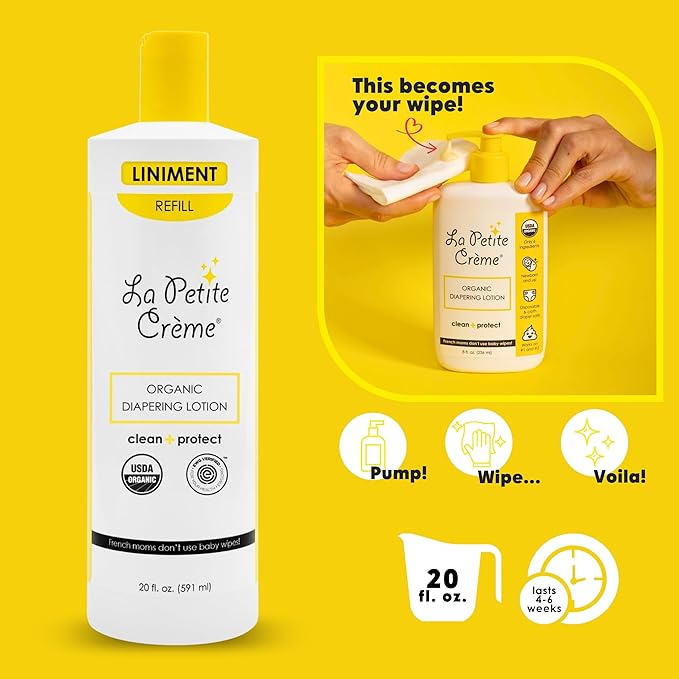 La Petite Creme French Premium Diapering Lotion - Diaper Cream Alternative to Baby Wipes - Gentle Moisturizer & Skin Cleanser with USDA Certified Organic Ingredients - Baby Essentials (20 oz)