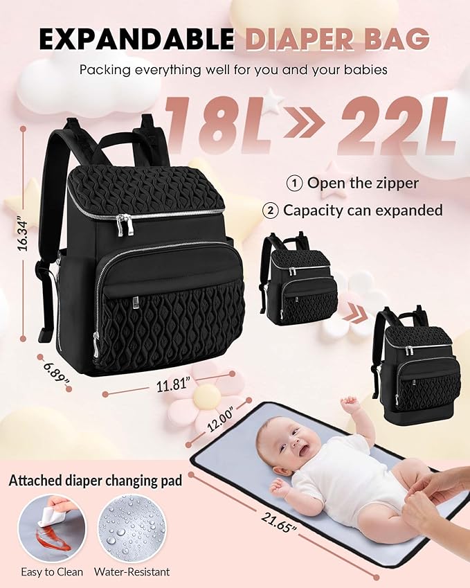Baby Diaper Bag Backpack, Expandable Baby Bag for Girl Boy, Travel Diaper Backpack with Insulated Pocket, Changing Pad, Quilted Diaper Bag for Mom Dad, Newborn Baby Essentials Must Have Black