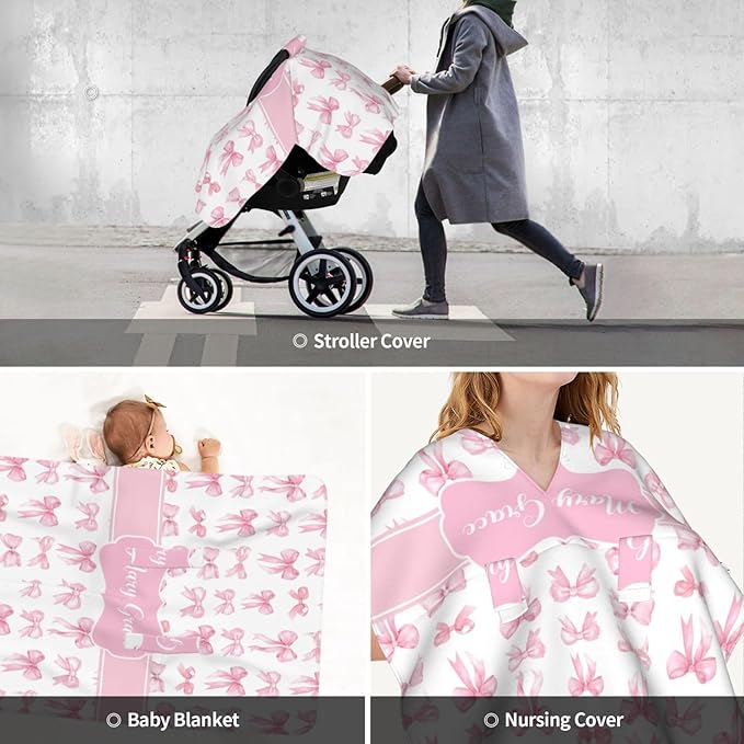 Personalized Baby Girl Car Seat Canopy for Babies, Custom Name Baby Car Seats Cover for Girls, Pink Bow Opening Minky Nursing Breastfeeding Covers for Infant, Carseat Canopies for Newborn