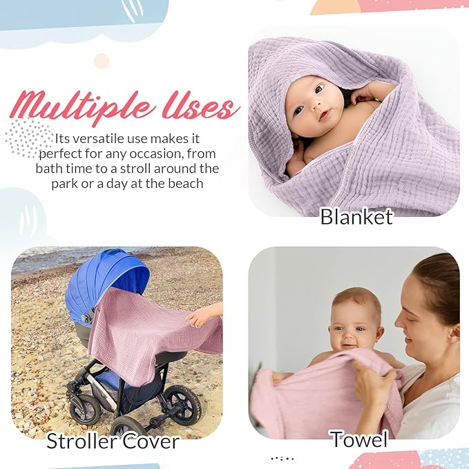 6 Pcs Muslin Hooded Bath Towels Washcloths and Bibs Set, Muslin Cotton Baby Towels Absorbent Hooded Blanket Towel Infant Bibs for Boys Girls Newborn Infant Essential(Pink, Purple)