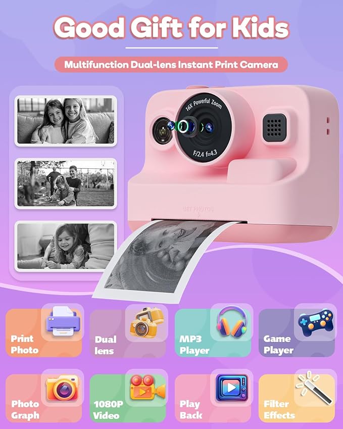 Kids Camera Instant Print,1080P Kids Instant Cameras That Print Photos,Christmas Birthday Gifts for Girls Age 3-12,Portable Toy for 3 4 5 6 7 8 9 10 Year Old Girls Boys Pink