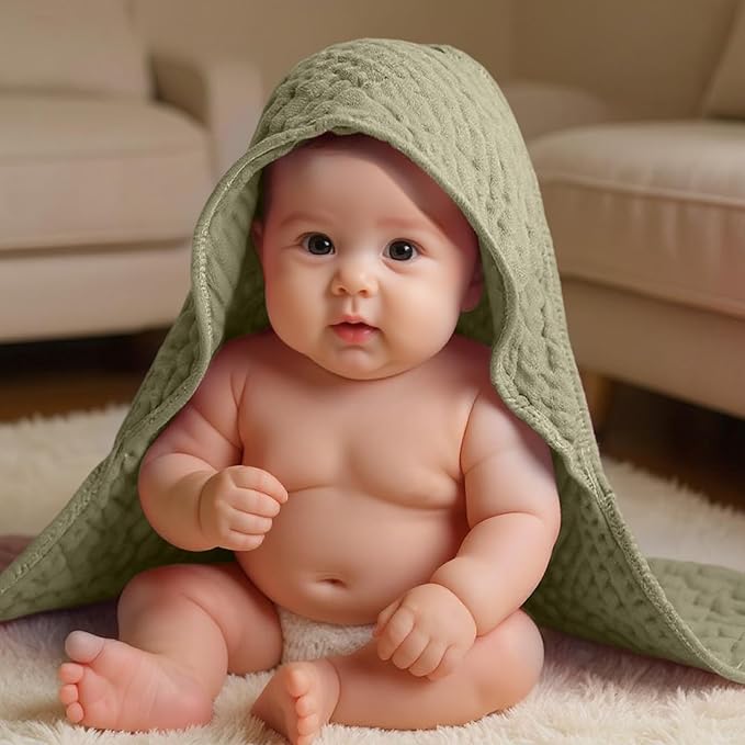 Peryiter 4 Pcs Muslin Hooded Baby Towels 32x32inch Cotton Newborn Bath Essentials Muslin Infant Blankets Absorbent Registry Baby Shower Present for Babies Girl Boy Kids (Green Series)