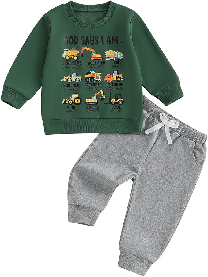 Baby Boy Fall Clothes Set Long Sleeve Truck Tractor Print Sweatshirt Pants Toddler Infant Outfits 6 12 18 24 Months 2T