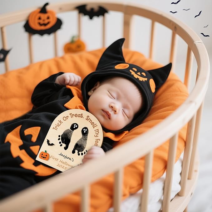 R HORSE DIY Halloween Footprint or Handprint Art Sign with Ink Pad, 3D Newborn Pumpkin Wooden Milestone with Marker Pen, Baby’s 1st Halloween Footprint Keepsake Craft Gift Baby Shower Nursery Decor