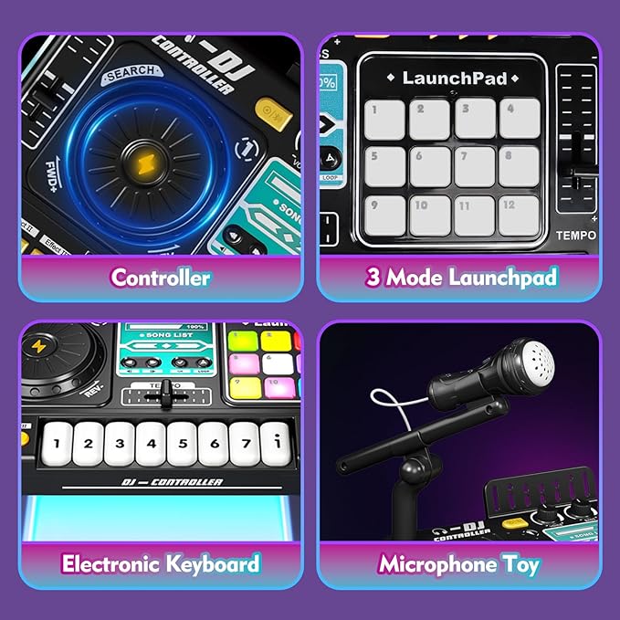 Kids DJ Mixer Controller Table Musical Toy Electronic Toy with LED Lights Sound Effect Microphone Piano DJ Board Key Musical Instruments Birthday Gift Toys for 3 4 5 6 7 Year Old Boy Girl