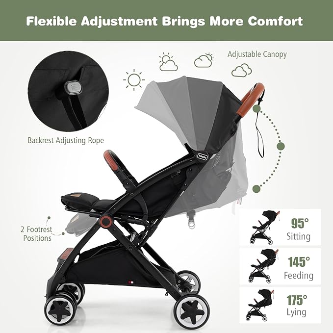 BABY JOY Lightweight Baby Stroller, Compact Toddler Travel Stroller for Airplane, Infant Stroller w/ 5-Point Harness, Adjustable Backrest/Footrest/Canopy, Storage Basket, Easy One-Hand Fold (Black)