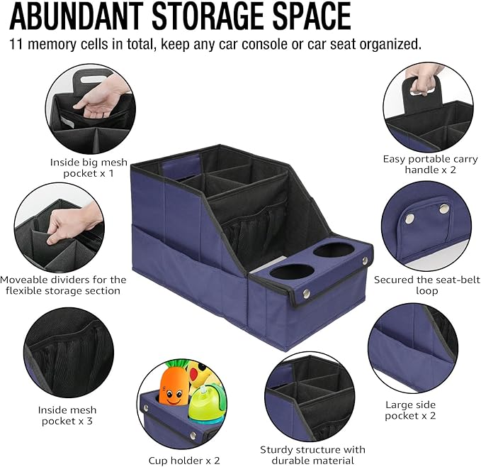 MULISOFT Car Seat Organizer, Backseat Car Organizer with 11 Storages Compartments and 2 Cup Holders, Blue