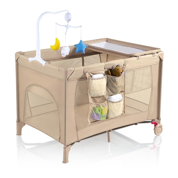 Pack and Play with Changing Table & Carry Bag, 4-in-1 Portable Crib Playpen for Newborn to Toddler, ASTM Certified Foldable Travel Crib with Bassinet(C-Khaki)