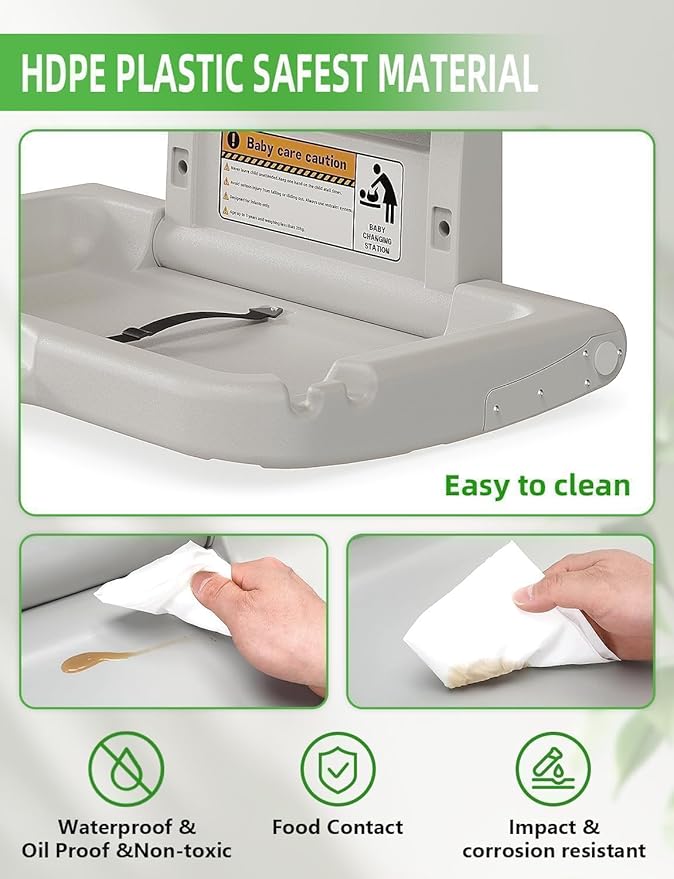 BELZAR Commercial Wall Mounted Baby Changing Station – ADA Compliant, Fold Down Heavy Duty Horizontal Diaper Changing Table with Safety Strap & Paper Liner Holder, For Public Restrooms/Hotels/Airports