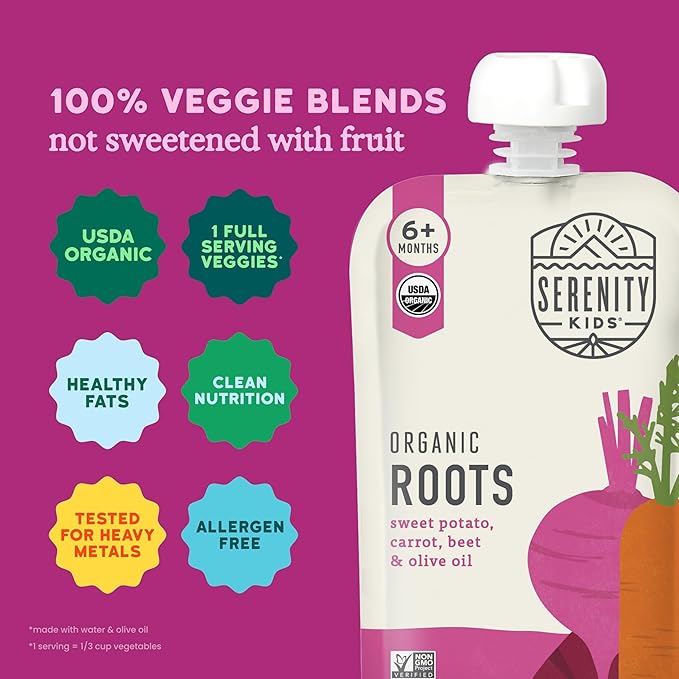 Serenity Kids 6+ Months Veggie Puree Baby Food Pouches - USDA Organic Baby Snacks - No Added Sugar Healthy Toddler Snacks - Allergen-Free Veggie Pouches for Toddlers - 3.5 Oz, Pack of 12