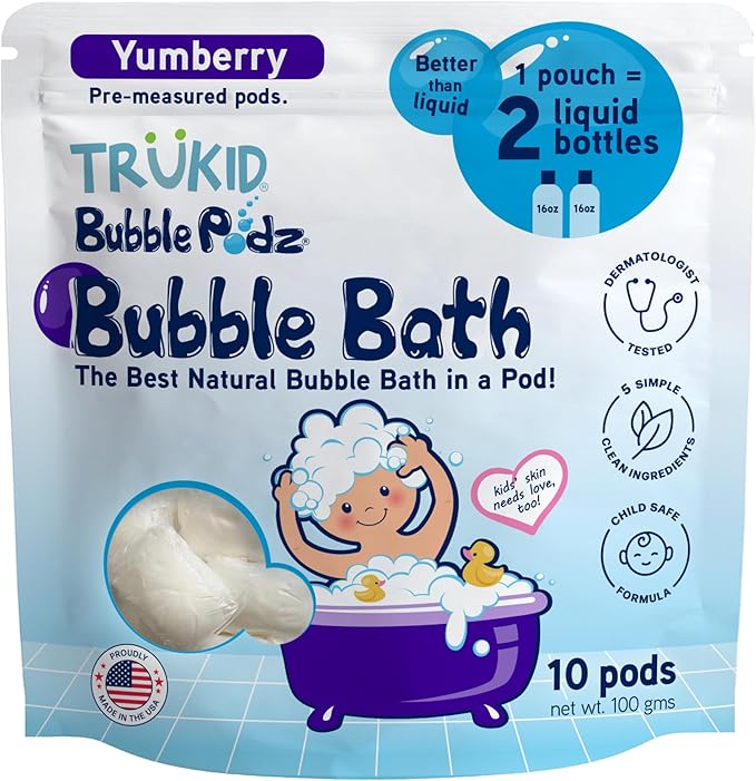 TruKid Bubble Podz Bubble Bath for Kids, Toddlers, & Babies, Tear Free Gentle & Refreshing Bath Bomb for Sensitive Skin with Natural Moisturizers, Non-Toxic, pH Balanced, Yumberry Scent (10 Podz)