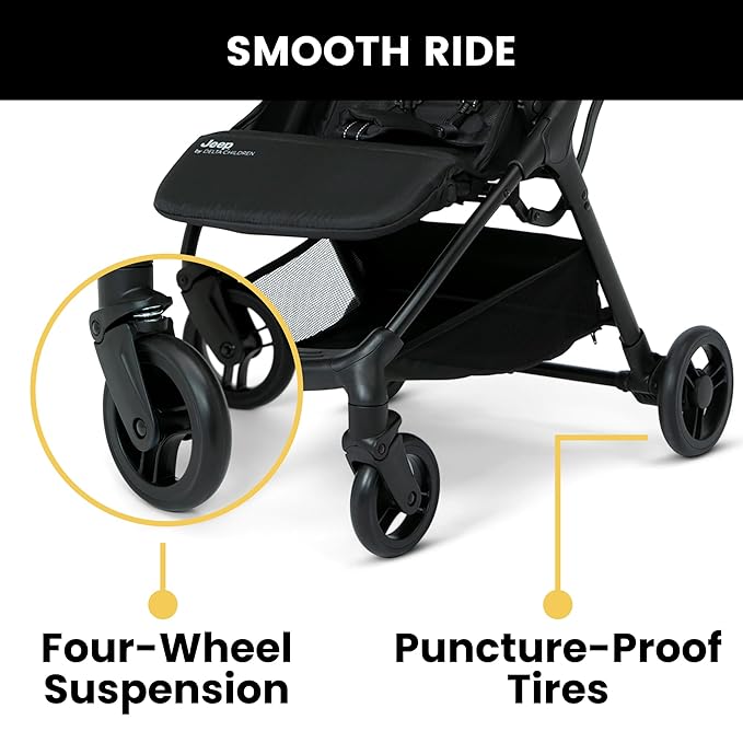 Jeep Altitude Compact Travel Stroller by Delta Children Greenguard Gold, Easy One Hand Fold, Lightweight, Extendable Canopy with Peek-a-Boo Window, Reclining Seat, 4 Wheel Suspension, Black